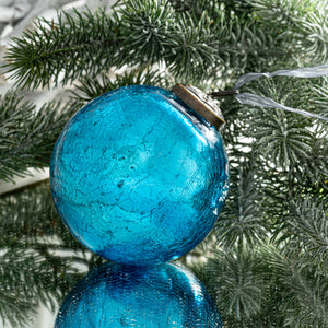 4" Extra Large Turquoise Crackle Glass Christmas Bauble