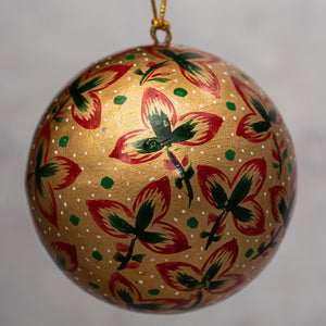 3" Gold With Red Tri Leaf Christmas Bauble
