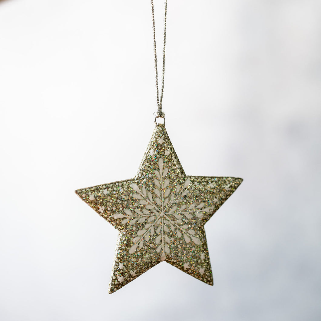 Silver Glitter Snowflake Hanging Star